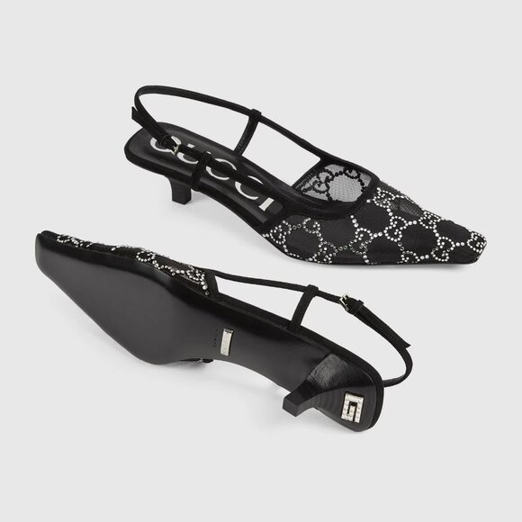 Gucci Crystal-Embellished GG Pointed Toe Slingback Sandals Black 36 (6) - Picture 1 of 16